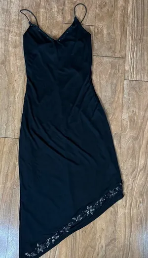 Black Asymmetric Slip Dress with Beaded Hem thumbnail 1