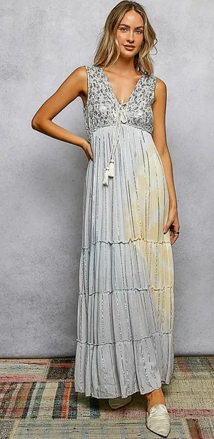 POL Deep V Sleeveless Cotton Bohemian Tiered Maxi Dress -‎ Light Grey - Medium thumbnail 1