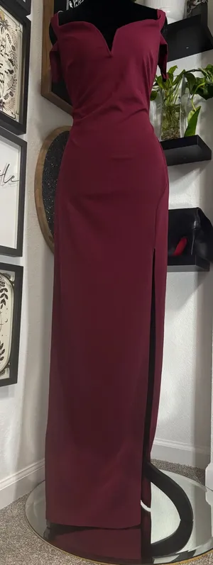 Long Wine Colored Reckless Hearts formal off the shoulder dress with front slit thumbnail 1