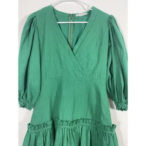 Karlie Emerald V-Neck Ruffle Mini Dress Size S 90% Ramie 10% Cotton 100% Rayón thumbnail 4