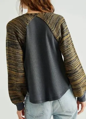 Free People Grey Yellow Stripe Sweet Confession Henley Waffle Knit Pullover thumbnail 3