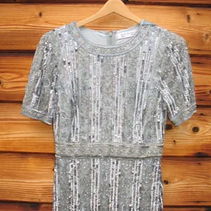 Mac Duggal 5980 Blue High Neck Short Sleeve Crystal Fringe Column Dress thumbnail 8