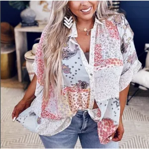 Gigio USA Patchwork Paisley Floral Button Down Sheer Tunic‎ Shirt TC2569 Medium thumbnail 9
