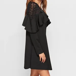 Black Polka Dot Mesh Neck Ruffle Trim A Line Dress thumbnail 3