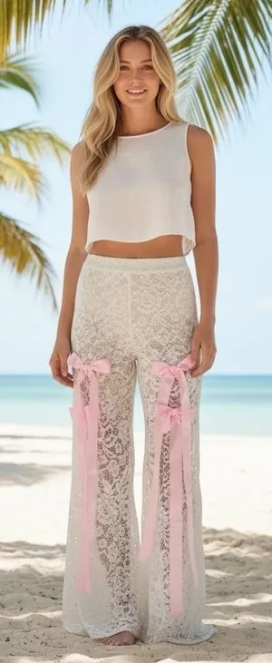 Love Highlight Cream‎ Lace Bohemian Bell Bottom Pants Size Large 28" waist thumbnail 1