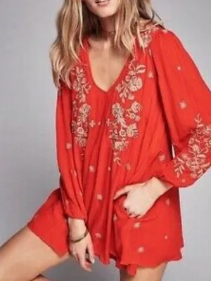 NWOT Free People Red Embroidered V-Neck Mini Babydoll Dress thumbnail 1