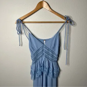 Free People Baby Blue Romantic Sheer Lace Peplum Babydoll Kiki Midi Slip Dress thumbnail 5