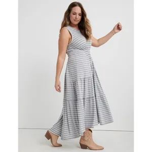 Lucky Brand Ruched Sleeveless Grey & White Stripe Maxi Dress Small #800 thumbnail 2