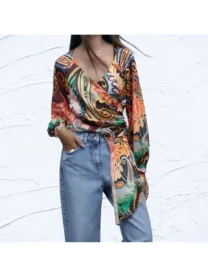 Zara Multicoloured Scarf Print Crossover Satin V-Neckline Blouse Top Paisley M thumbnail 2