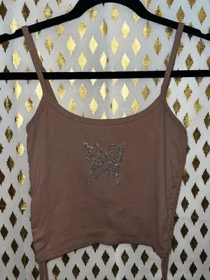 Y2K rhinestone butterfly brown strappy crop top full tilt size S thumbnail 1