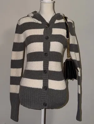 2000s vintage style 2011 aeropostale gray and white striped hooded knit cardigan thumbnail 1