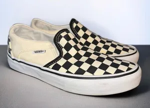 Vans cream and black canvas checkered sneakers thumbnail 1