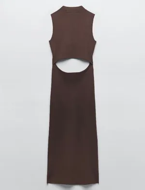 Zara Brown Cutout Dress ribbed fitted casual evening date midi thumbnail 3