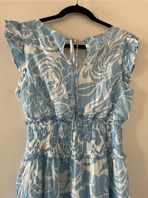 Blue White Swirl Print Smocked Waist Ruffle Mini Dress Small Coastal Vacation thumbnail 9