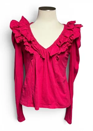 Anthropologie Long Sleeve V-Neck Ruffle Top Pink XS thumbnail 1