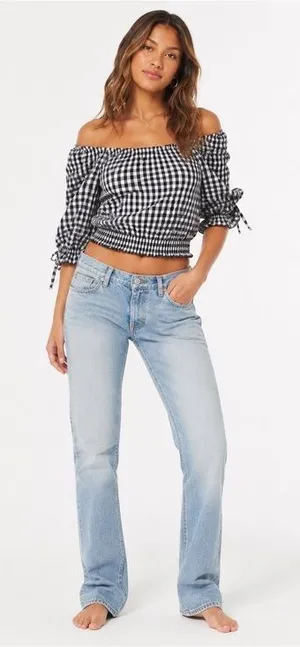 Hollister XS Black White Gingham Off Shoulder Smocked Peasant Crop Top thumbnail 1