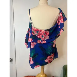 Banana Republic Tropical Blue Floral Cold Shoulder Flutter Sleeve Blouse Top XL thumbnail 6