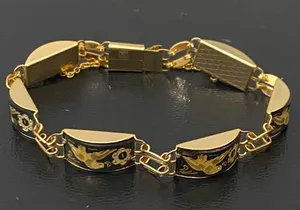 Vintage Damascene Gold-tone Enameled Birds & Flowers Link 8” Bracelet 16.3g thumbnail 2