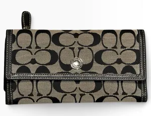Vintage Coach Signature C Jacquard Trifold Wallet Black Leather Long Checkbook thumbnail 1
