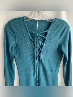 Free People teal knit long sleeve lace up V neck tee top retro Y2K boho peasant thumbnail 3