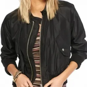 FREE PEOPLE Black Midnight Satin Full Zip Oversized Bomber Jacket L thumbnail 2