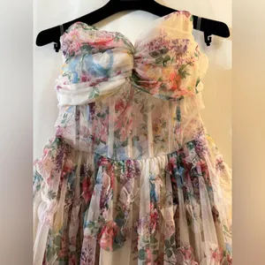 Faeriesty Ruched Bustier Ruffle Trim Hem Floral Print Tube Dress thumbnail 7