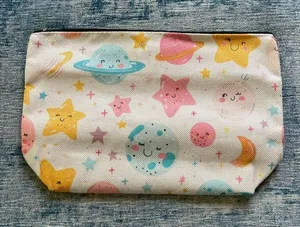 Blue Pink Star Moon Planet Cotton Canvas Small Makeup Bag Travel Toiletry Pouch thumbnail 1