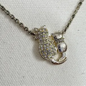 Silver Tone Kitty Cat Rhinestone Pendant Necklace Womens Jewelry thumbnail 2