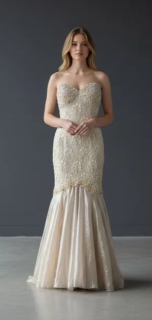Mac Duggal Couture‎ Beaded Strapless Gown Womens 4 Champagne Lace Mermaid Formal thumbnail 1