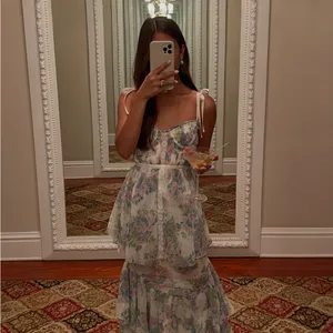 Floral Tie-Shoulder Sundress in Pastel Lavender & Green thumbnail 2