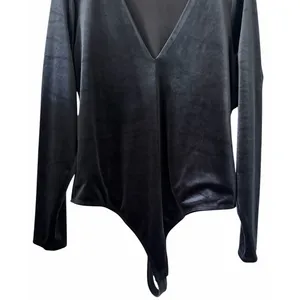 Good American Plunge Neck‎ Velvet Long Sleeve Bodysuit Black Women's Size 4 thumbnail 5