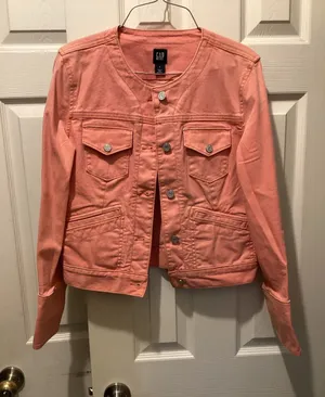 GAP Coral Pink Collarless Button-Front Jean Jacket thumbnail 1