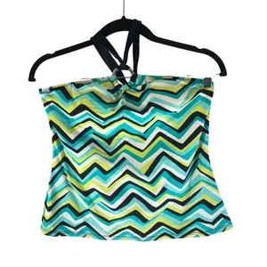 2Bamboo Tankini Top Shelf Bra Halter Chevron Striped Green M thumbnail 1