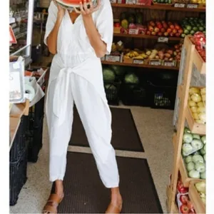 Free People ‘Shining Sun’ Front Waist Tie Linen Blend V Neck Jumpsuit Small thumbnail 3