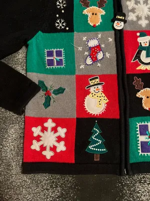 Womens PM Vintage Bechamel Petites patchwork Christmas knit cardigan sweater. thumbnail 3
