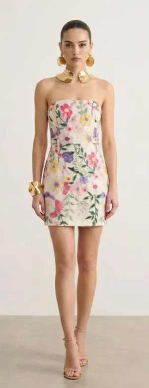 Floral Embroidered Lace Mini Dress Size S Strapless Colorful Mesh Overlay Weddin thumbnail 1