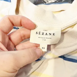 Sezane Short Sleeve Striped Cropped Boxy Tee Shirt Cream Blue XS thumbnail 3