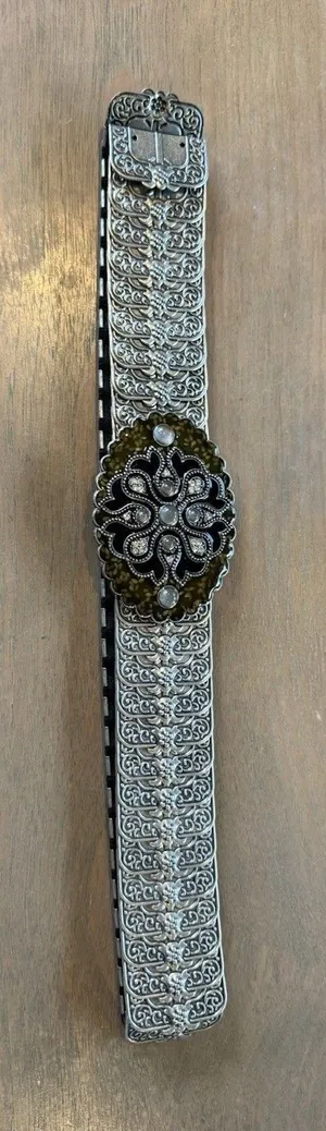 Belt OSFM Metal Silver Tone Elastic Stretch Oval Buckle w/ Enamel & Bling Vtg thumbnail 1