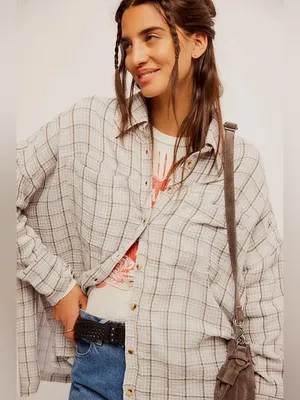We The Free Cardiff Plaid Oversized Gauze Button Up Tunic Shirt Lilac Size Large thumbnail 10