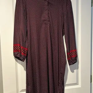 LOFT Burgundy White Patterned Long Sleeve Dress Sz M thumbnail 2