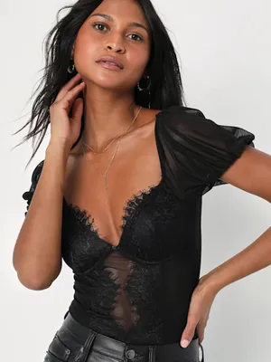 LULU's Sexy Chic Black Lace Bustier Date Night Party Vacation Bodysuit thumbnail 1