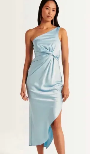 Abercrombie Light Blue One Shoulder Satin Knotted Midi Dress NEW thumbnail 1