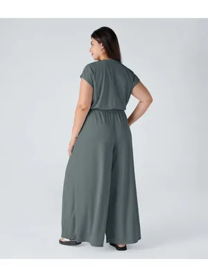 Halara V Neck Short Sleeve Side Pocket Wide Leg Flowy Waffle Jumpsuit Gray 1X thumbnail 2