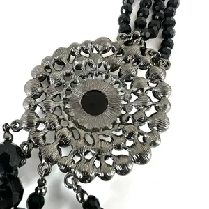 Long multi strand black beaded flower necklace thumbnail 8