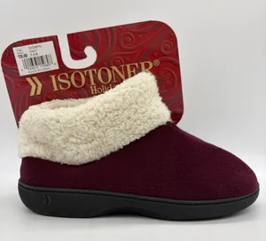 NEW Isotoner Womens 7.5-8 Holiday Slippers‎ Burgundy Hard Sole Cushioned Sherpa thumbnail 1