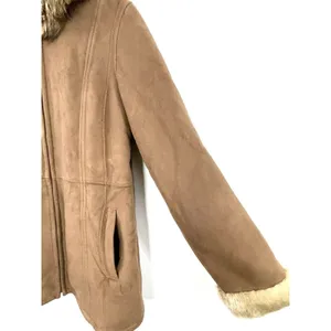 Gallery Women’s Jacket Faux Suede Leather Faux Fur Beige Size Large Hooded thumbnail 3