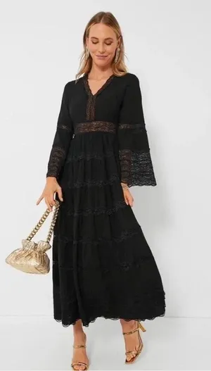 NEW Tuckernuck Hyacinth House Lydia Black Lace Maxi Dress with Bell Sleeves XS thumbnail 1