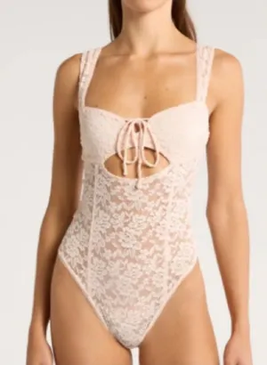 Free People Strike a Pose Bodysuit Peach Blush Lace Detail Tie Cutout Size XS thumbnail 1
