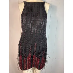 Parker Red/Black Monaco Beaded Feather Hem Flapper Mini Dress Size S thumbnail 6