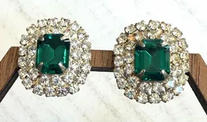 Vintage Emerald Cut Green Rhinestone Halo Stud Earrings thumbnail 1